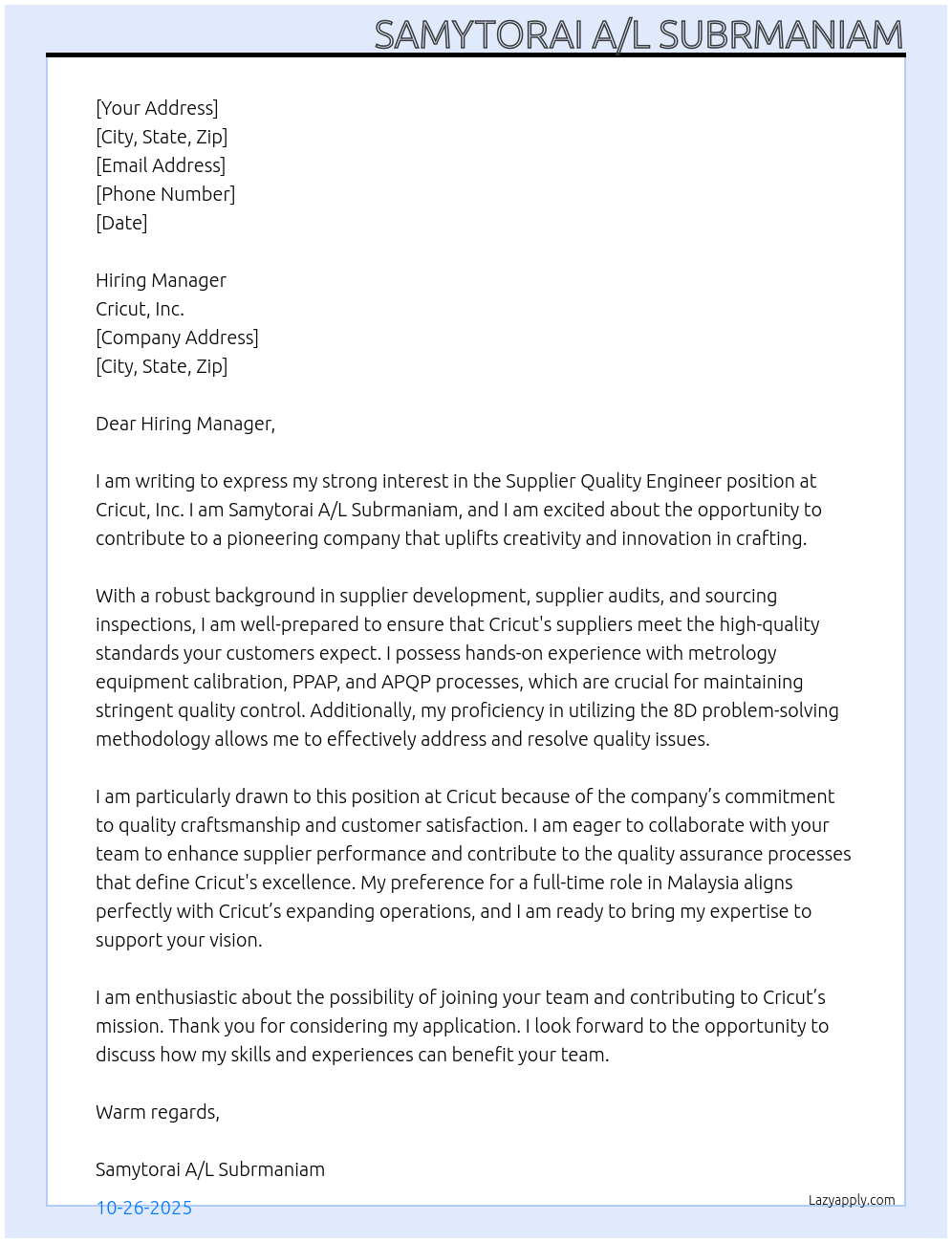 Cover letter for supplier quality engineer - LazyApply