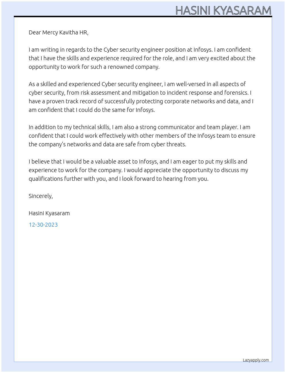 Cyber security engineer At Infosys Cover Letter