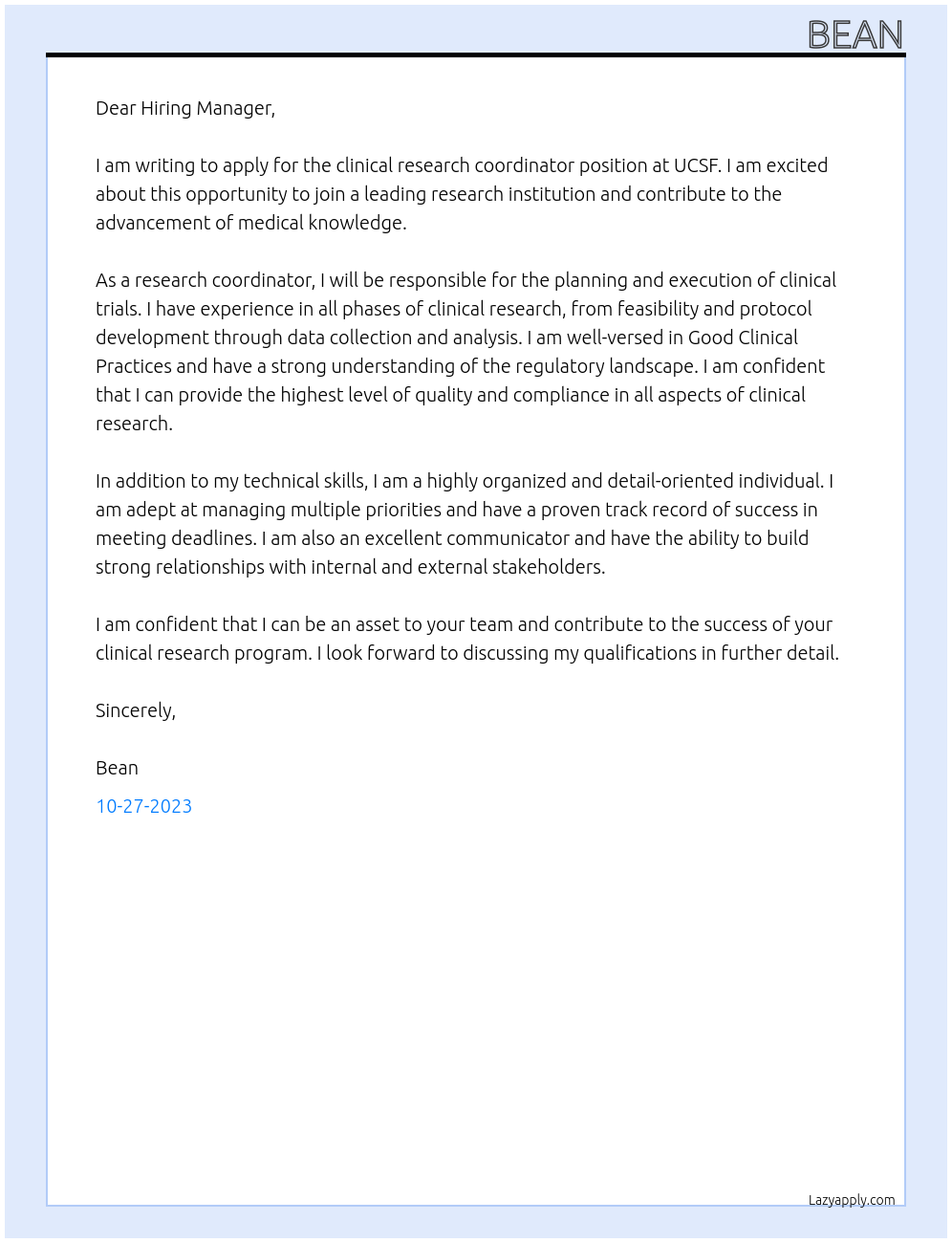 clinical research coordinator At UCSF Cover Letter