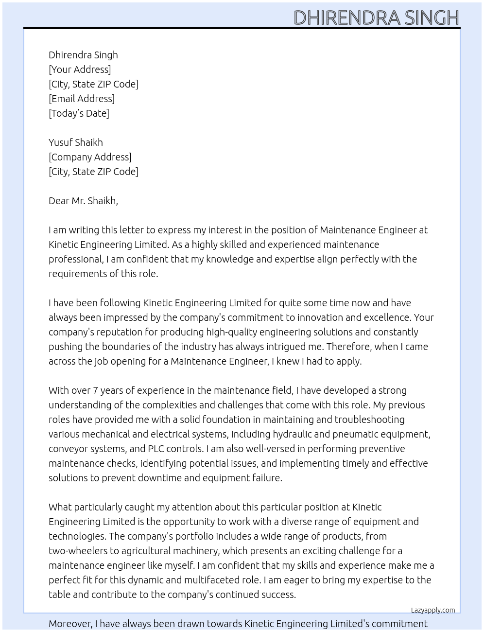 Maintenance engineer At Kinetic Engineering Limited Cover Letter