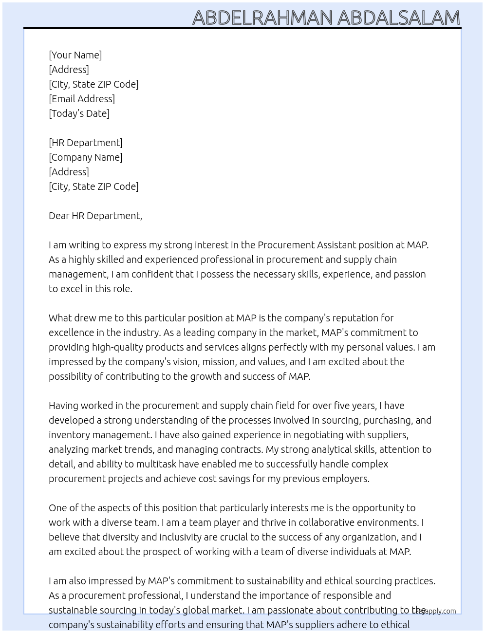 Procurement Assistant At MAP Cover Letter