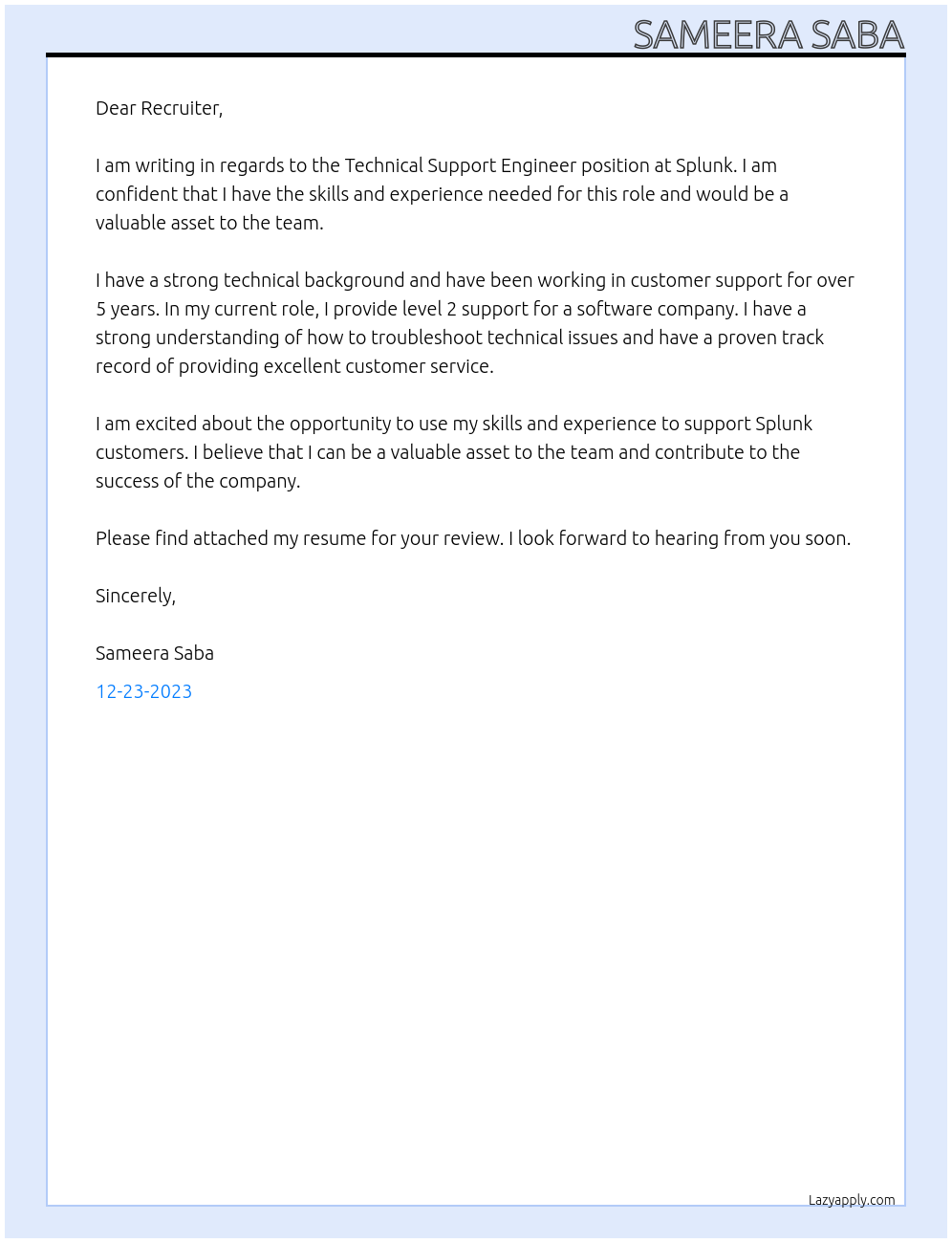 Technical Support Engineer At Splunk Cover Letter