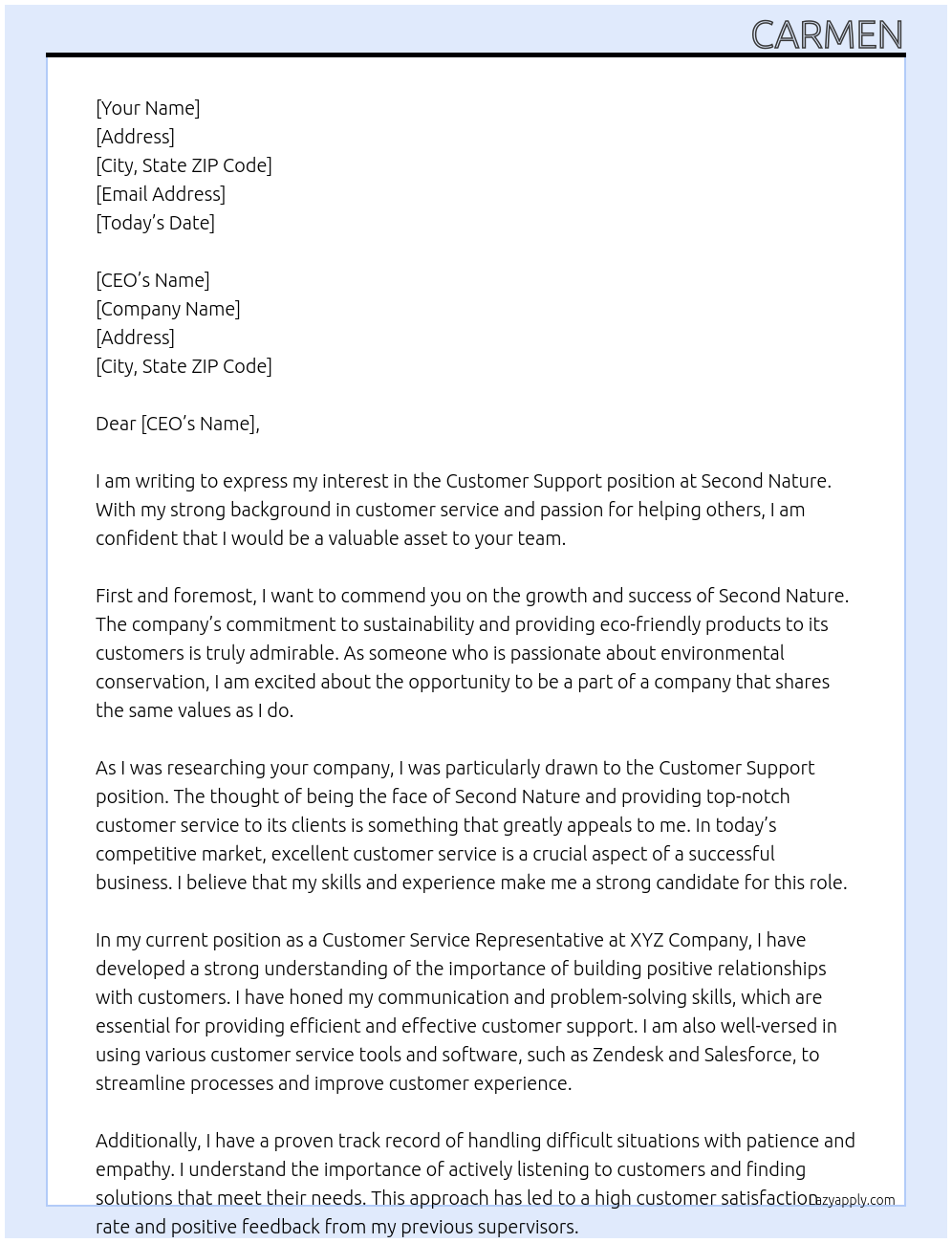 Customer support  At Second nature Cover Letter