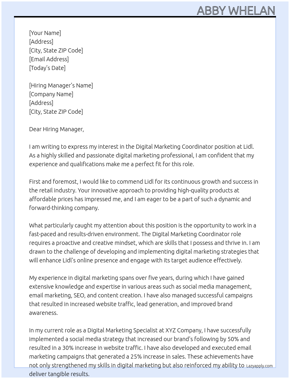 Digital Marketing Coordinator At Lidl Cover Letter