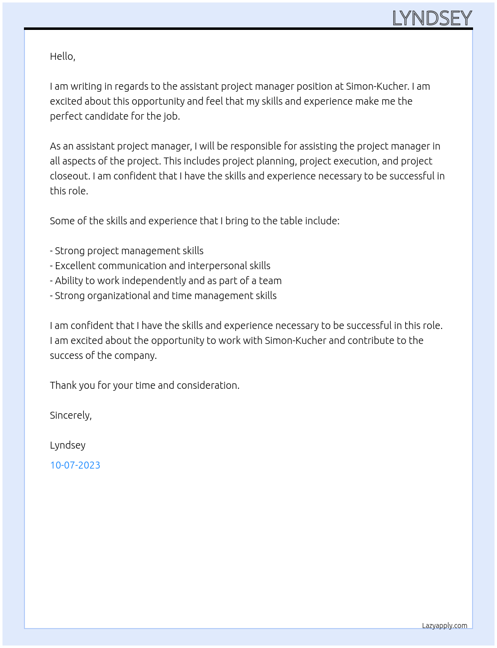 assistant project manager At Simon-Kucher Cover Letter