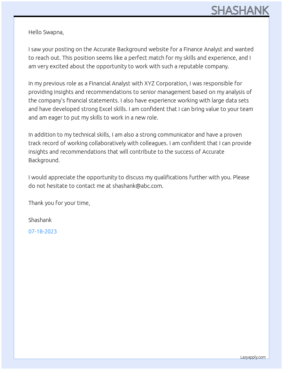 Finance Analyst At Accurate Background Cover Letter