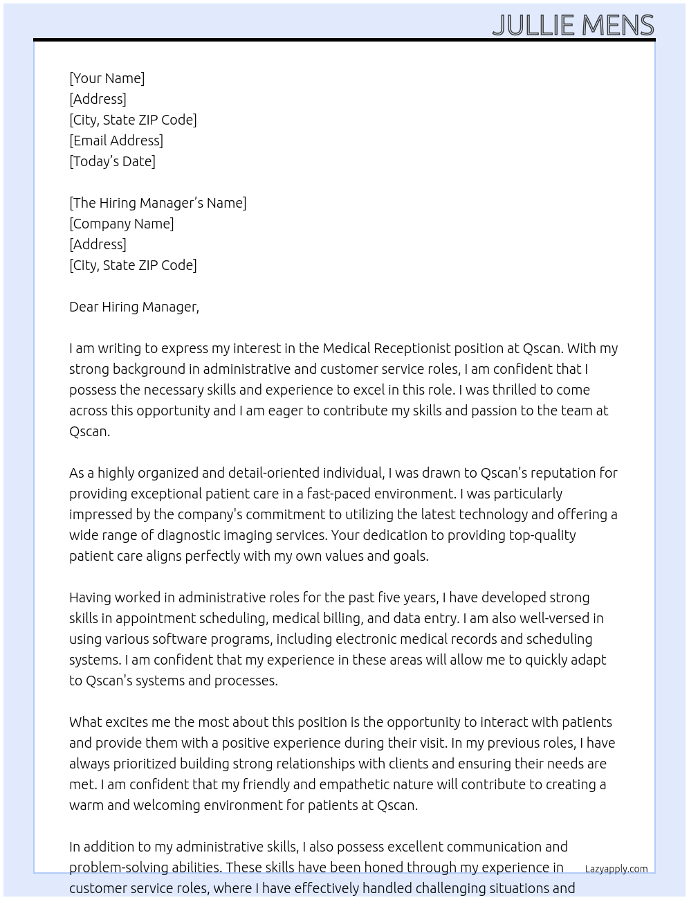 Medical Receptionist At Qscan Cover Letter
