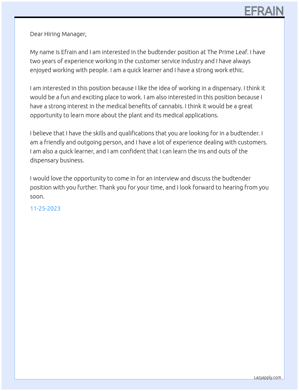 budtender At The Prime Leaf Cover Letter