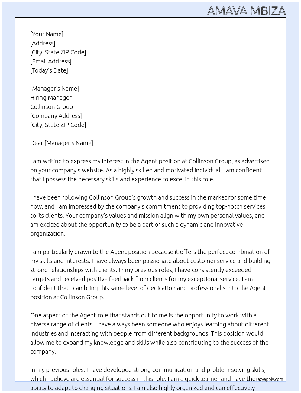 Agent At Collinson Group Cover Letter