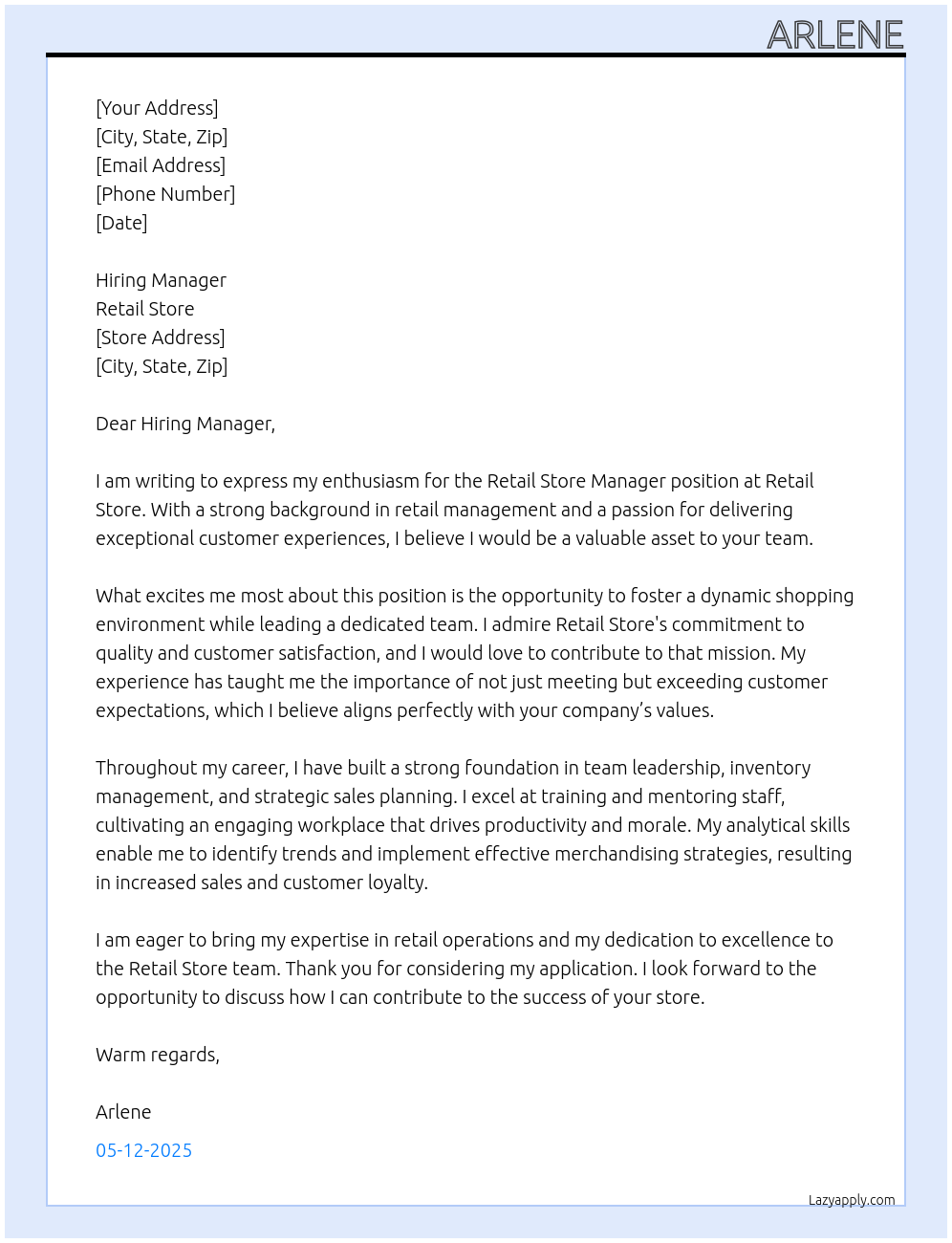 retail store manager At retail store Cover Letter