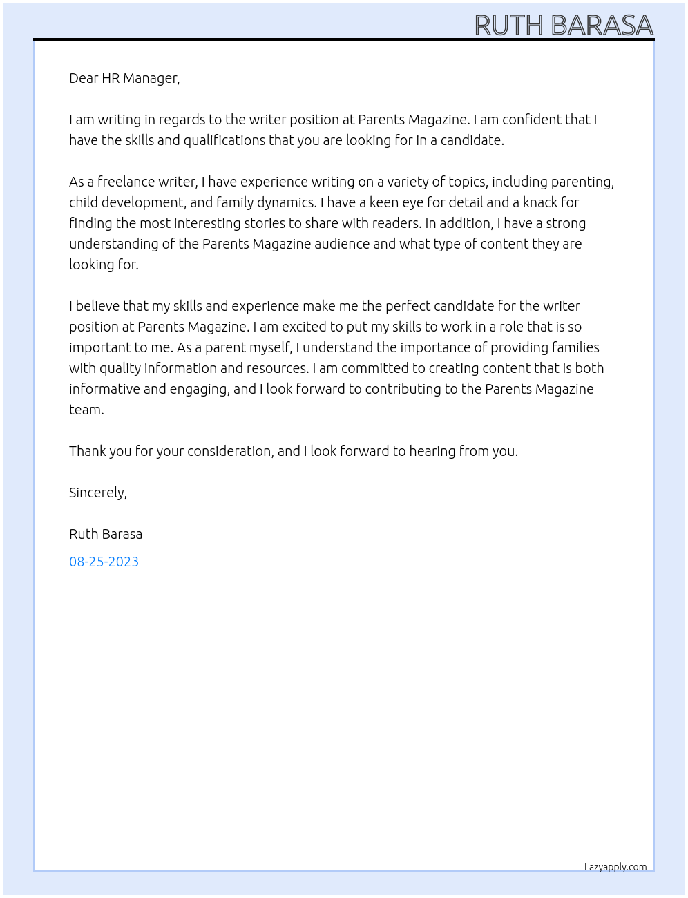 writer At parents magazine Cover Letter