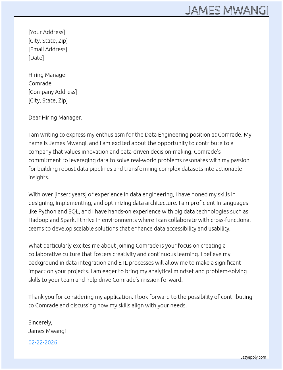 Cover letter for data engineering - LazyApply