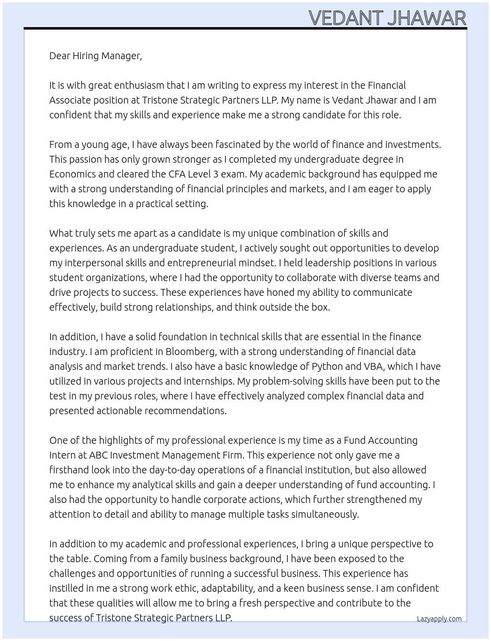 Financial Associate At Tristone Strategic Partners LLP Cover Letter