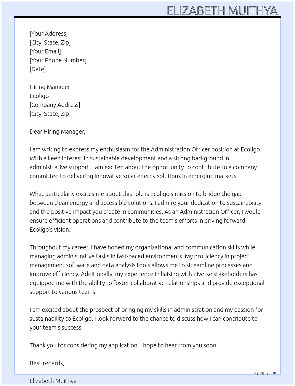 Administration Officer At Ecoligo Cover Letter