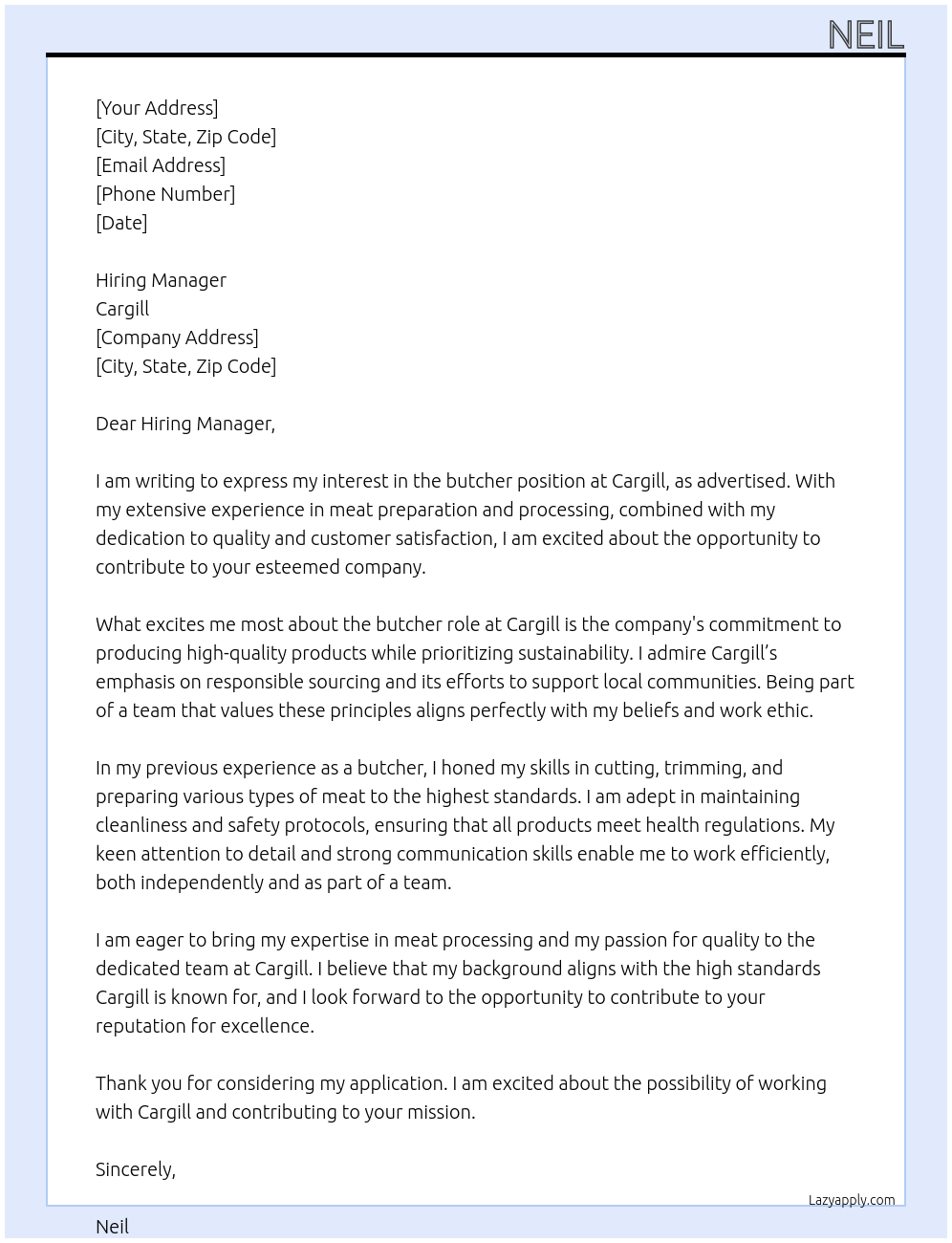 Cover letter for butcher - LazyApply