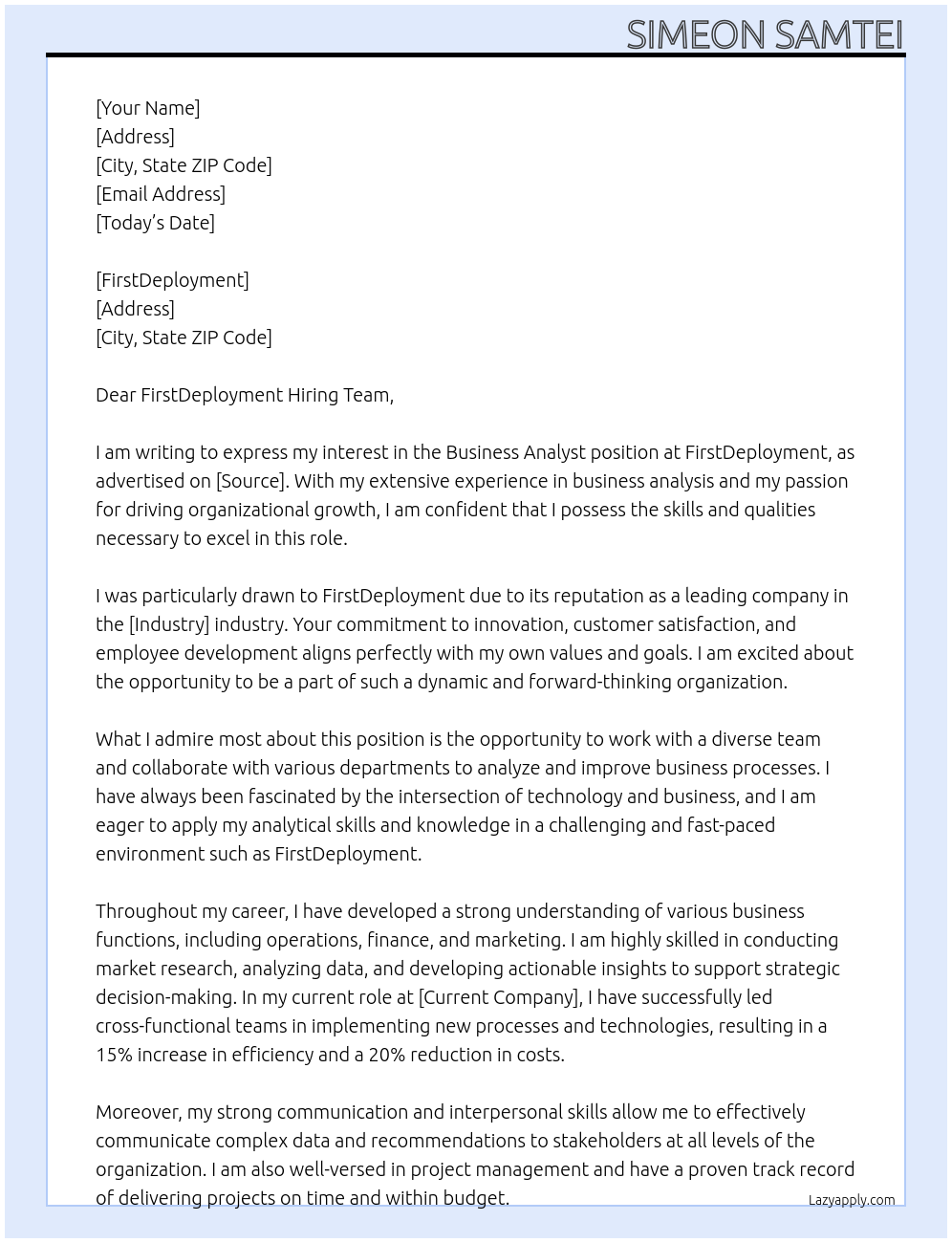 business Analyst At FirstDeployment Cover Letter