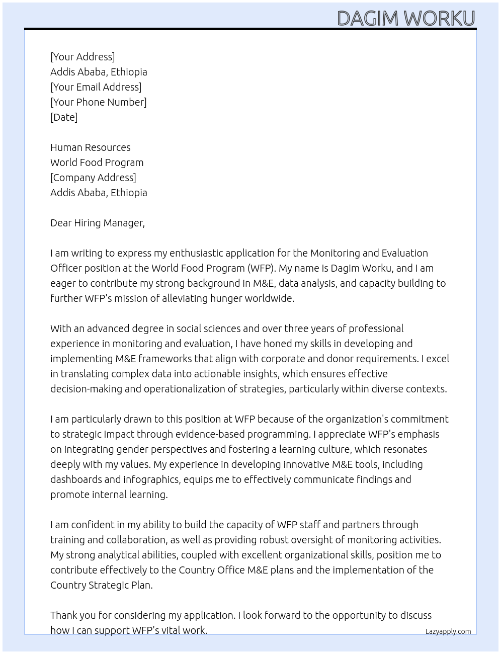 Monitoring and Evaluation Officer At World Food Program Cover Letter