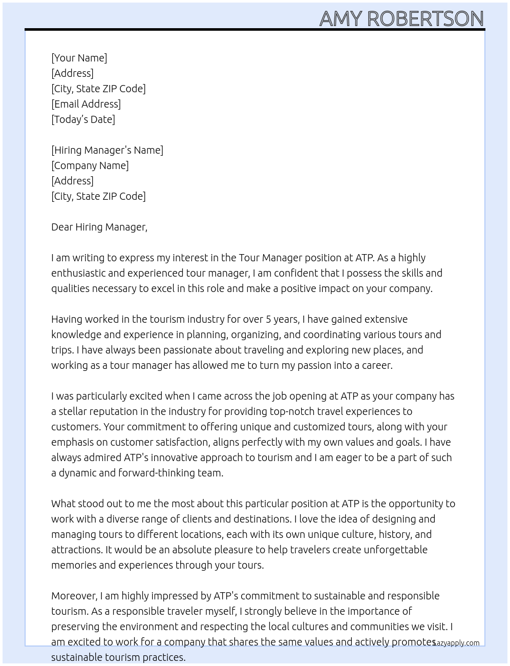 Cover letter for tour manager - LazyApply