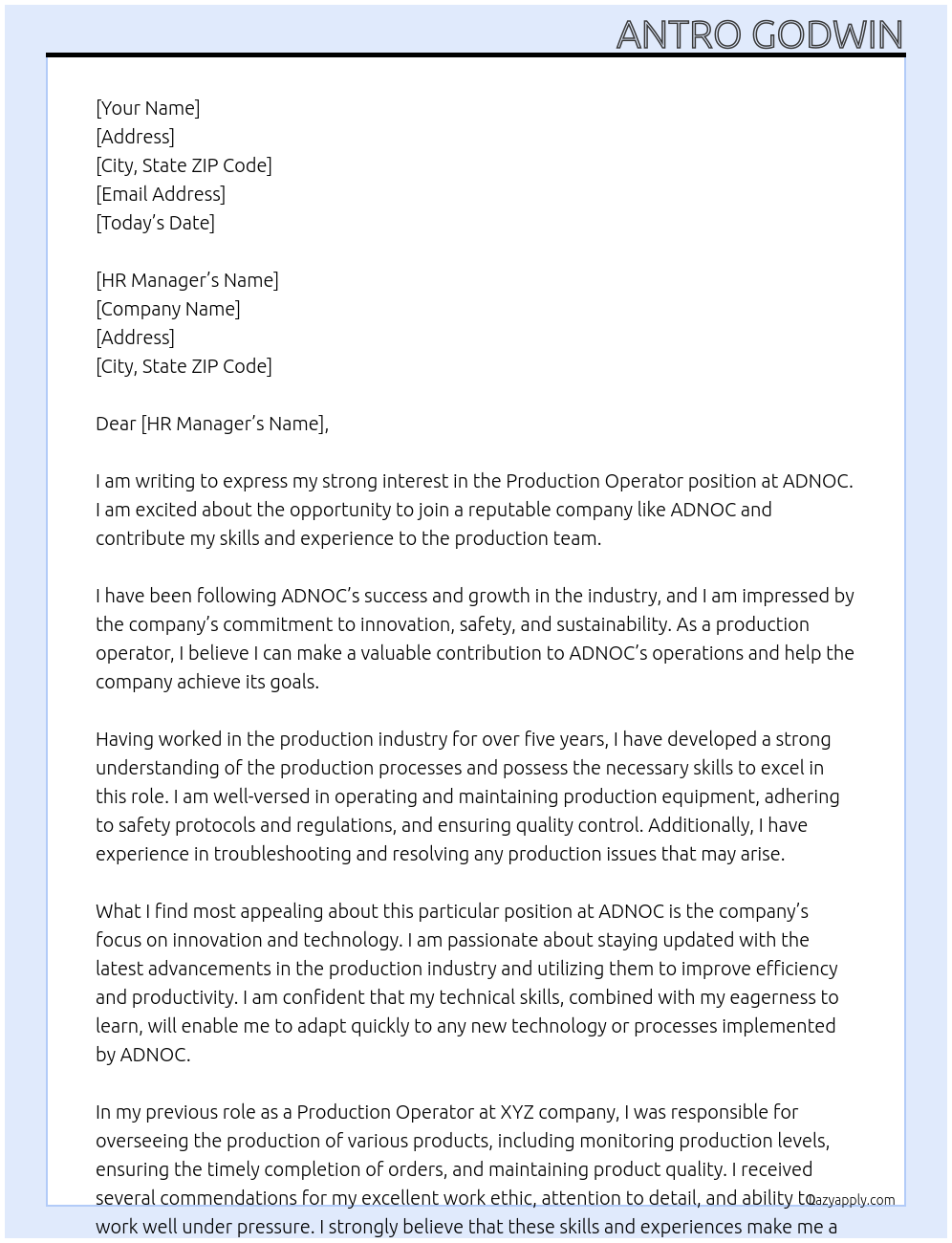 Production Operator At ADNOC Cover Letter