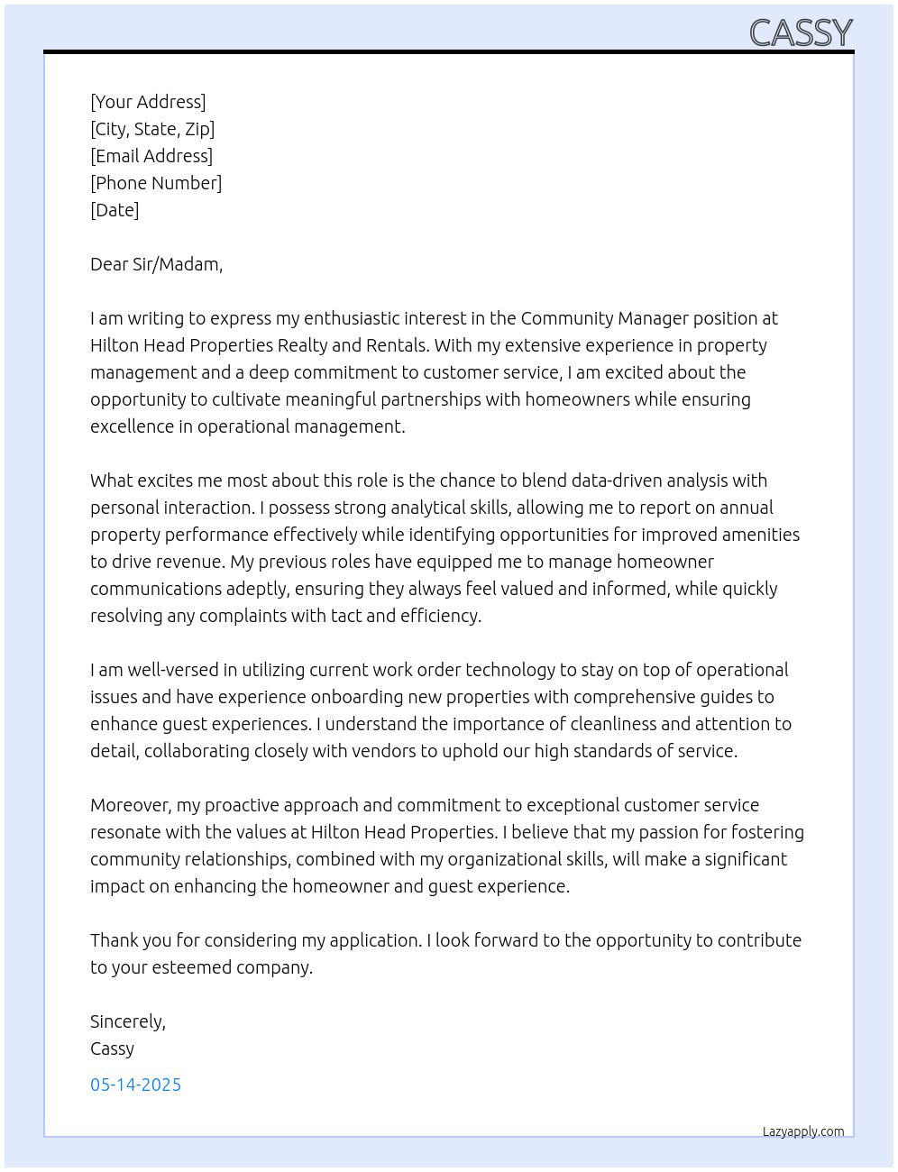 Community Manager At Hilton Head Properties Realty and Rentals Cover Letter