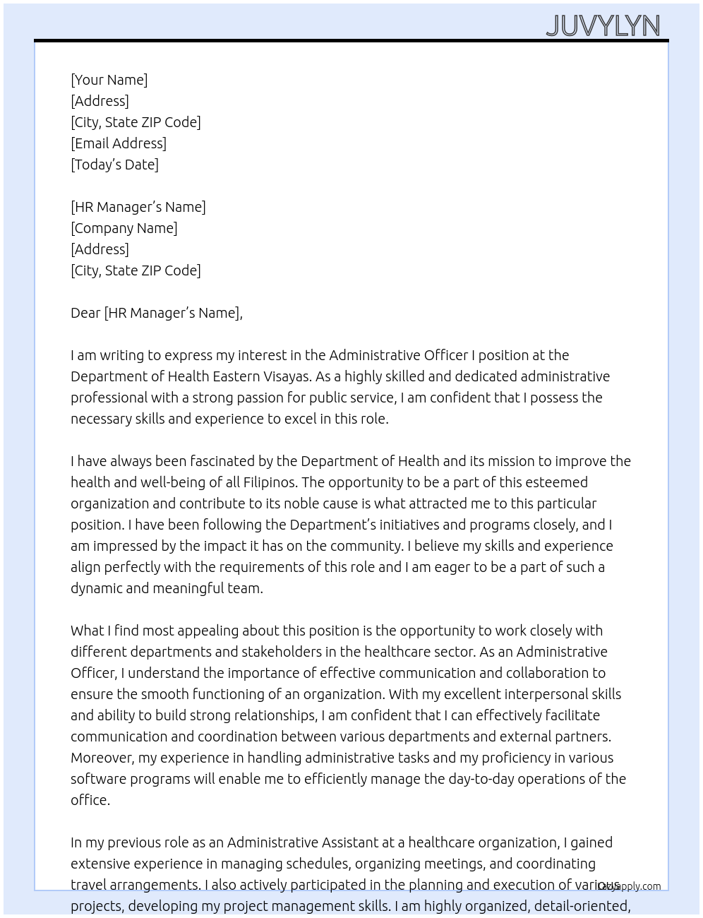 Administrative Officer I  At Department of Health Eastern Visayas  Cover Letter