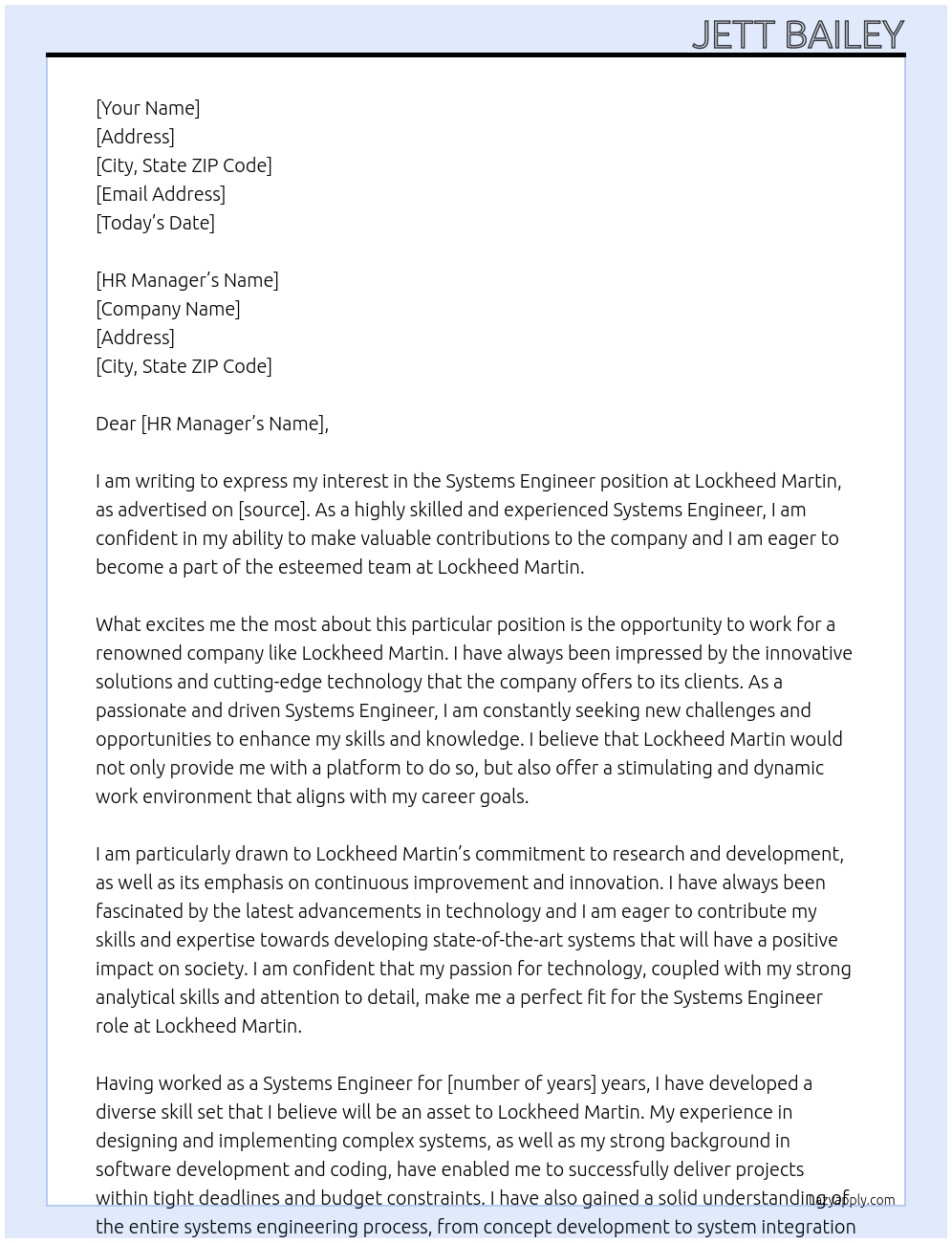 Systems Engineer At Lockheed Martin Cover Letter