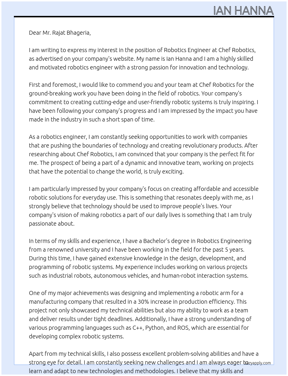 Robotics Engineer At Chef Robotics Cover Letter