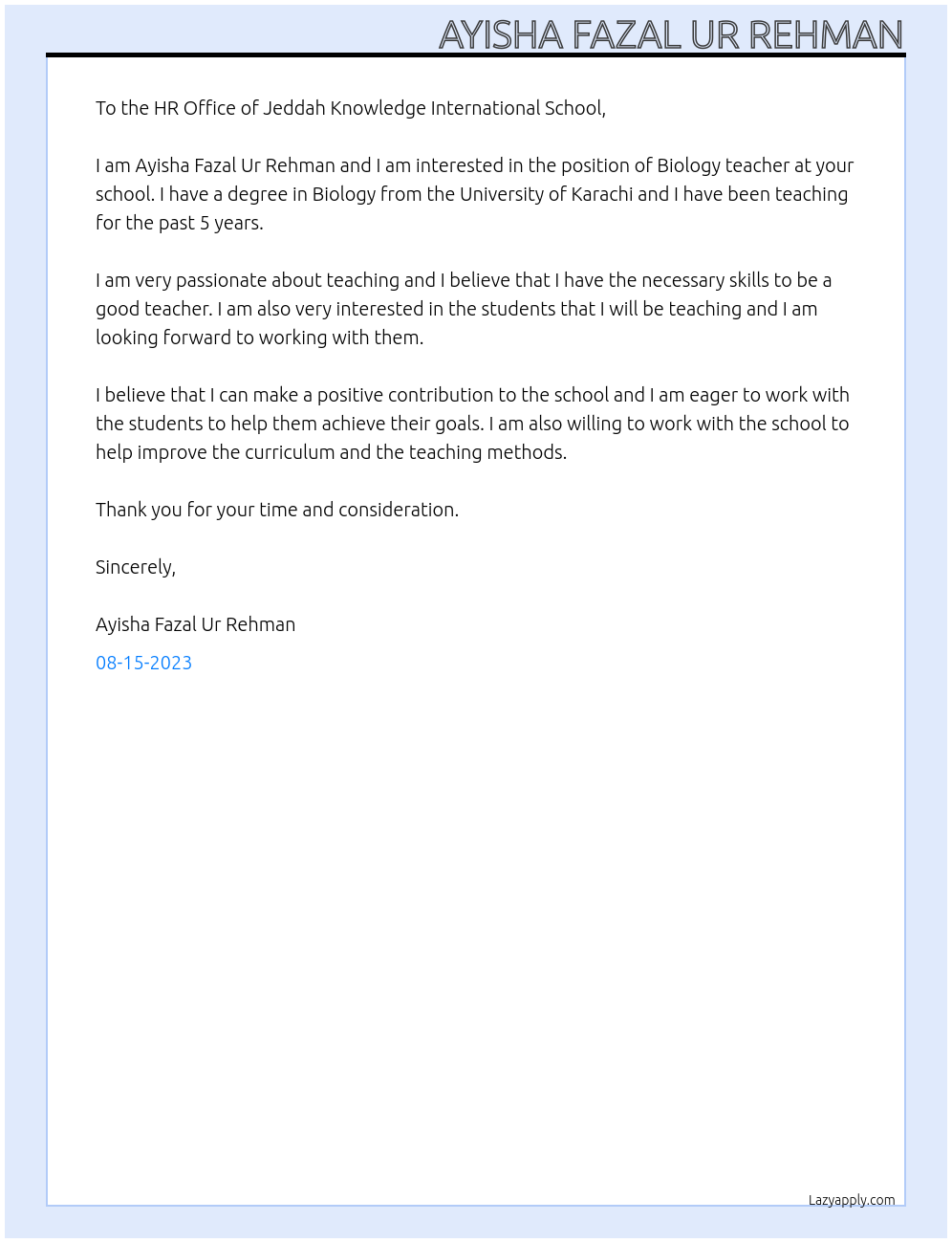 Biology teacher At Jeddah Knowledge International School Cover Letter