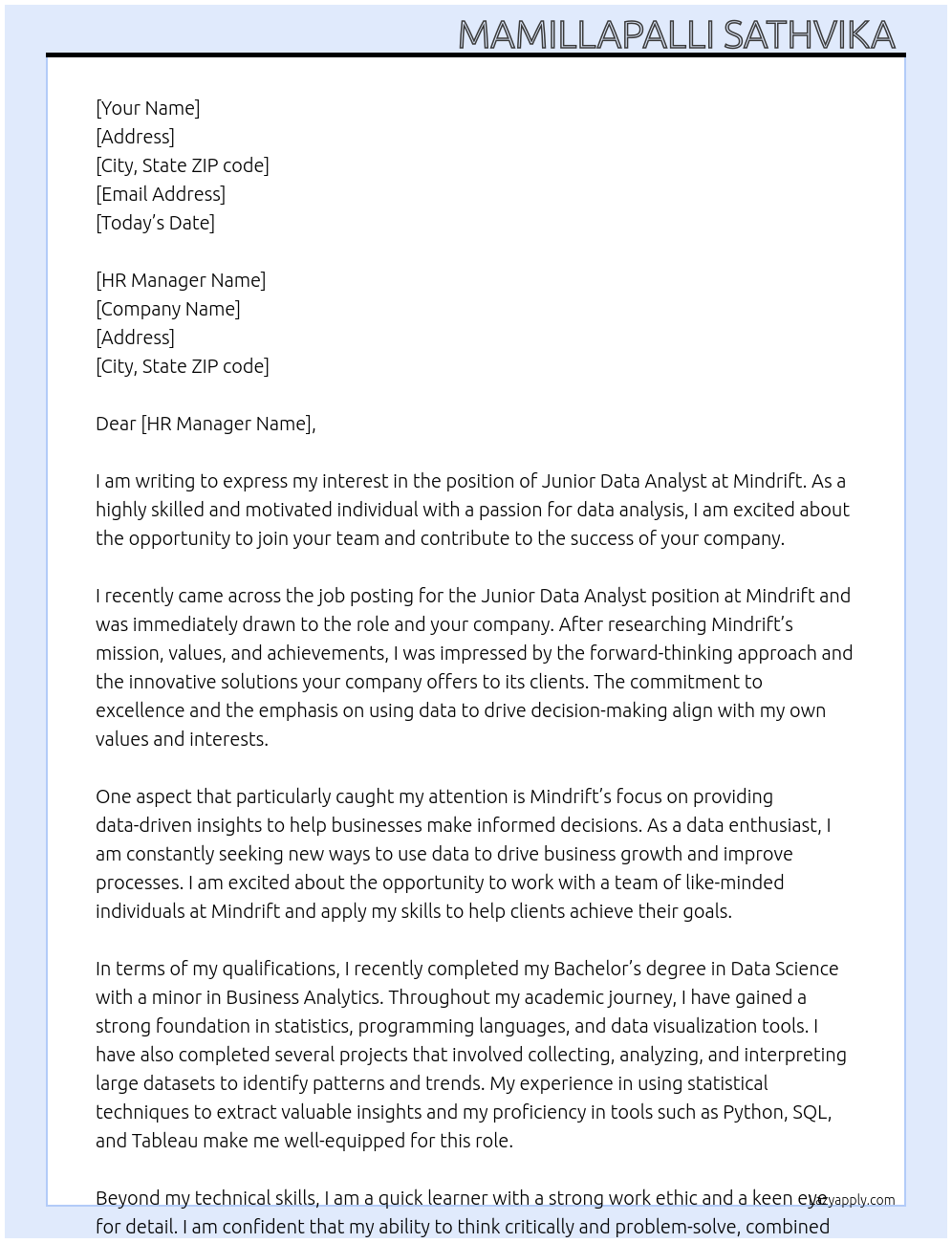 Junior data analyst At Mindrift Cover Letter