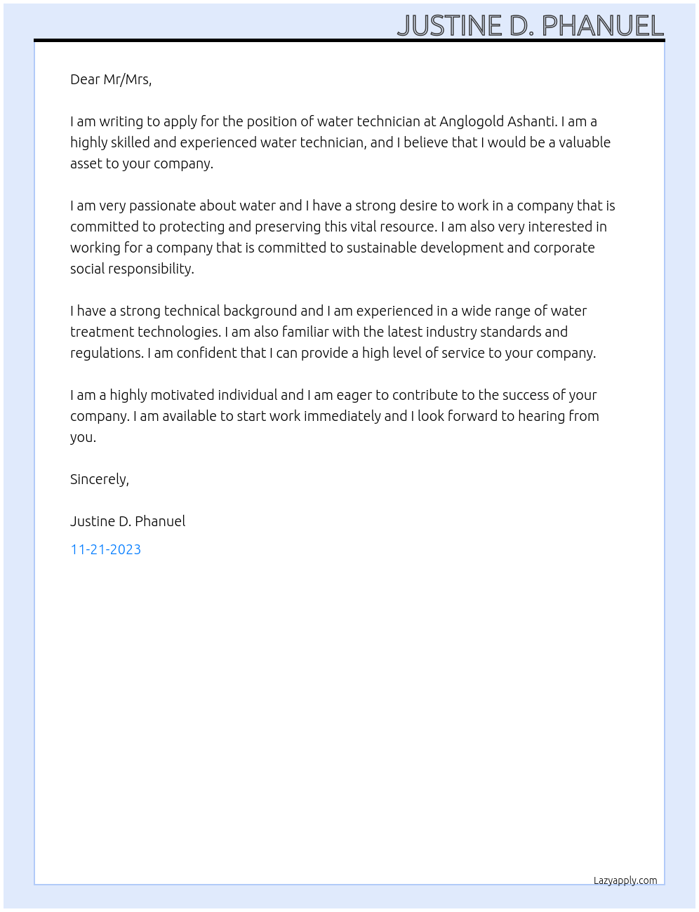 water technician At ANGLOGOLD ASHANTI Cover Letter