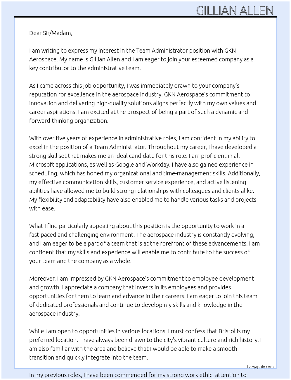 Team administrator At GKN Aerospace Cover Letter