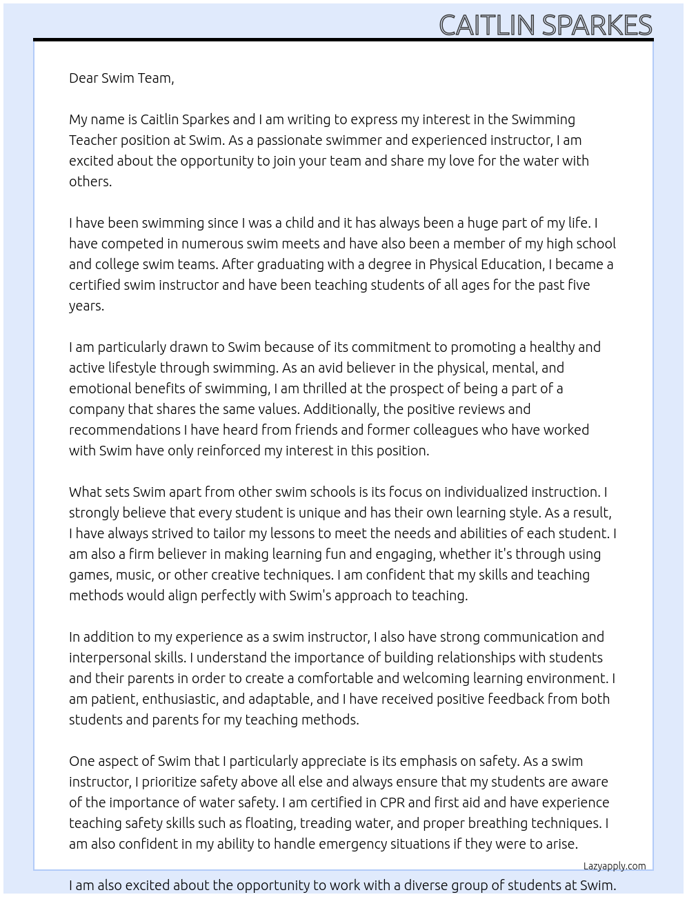 Swimming Teacher At Swim Cover Letter