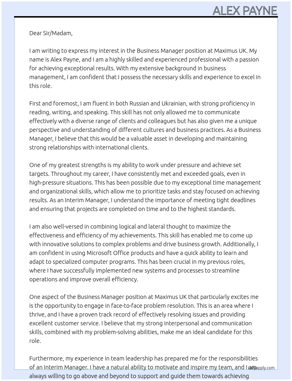 Business Manager At Maximus UK Cover Letter