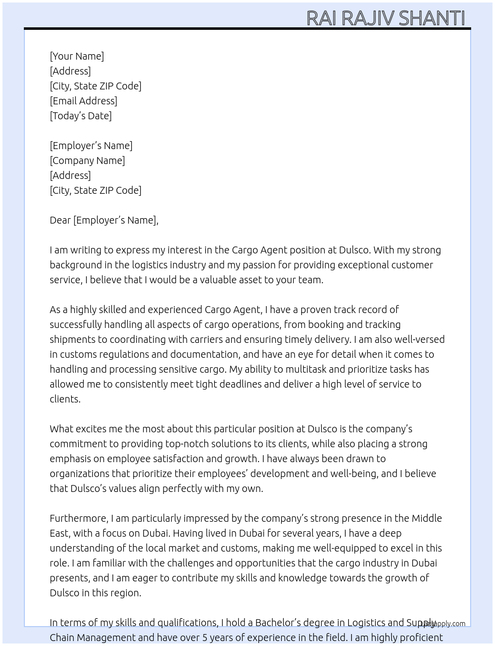 Cargo agent At Dulsco Cover Letter