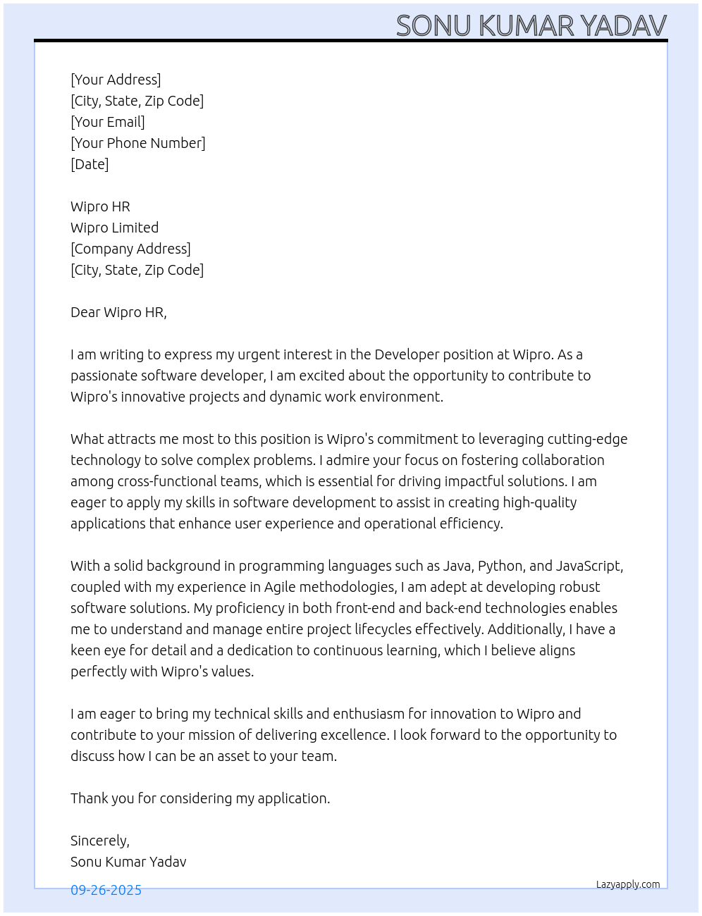 Developer At Wipro Cover Letter
