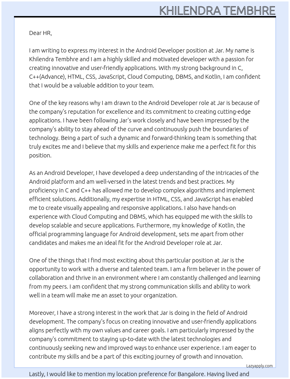 Android Developer At Jar Cover Letter