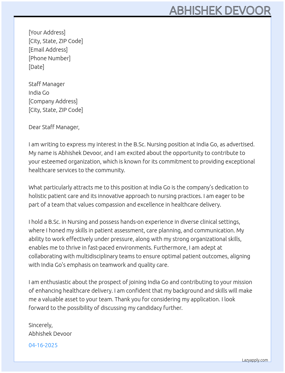 Bsc. Nursing At India Go Cover Letter