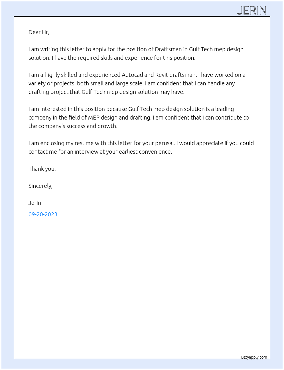 Draftsman At Gulf Tech mep design solution Cover Letter