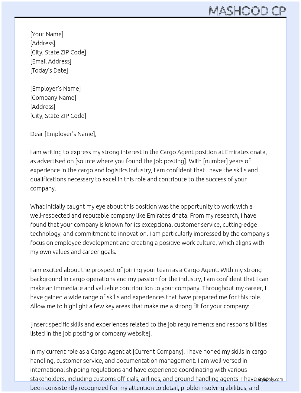 Cargo agent At Emirates dnata Cover Letter