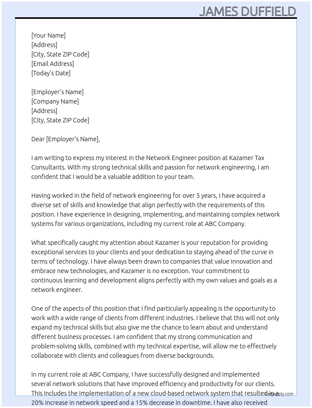 Network Engineer At Kazamer Cover Letter