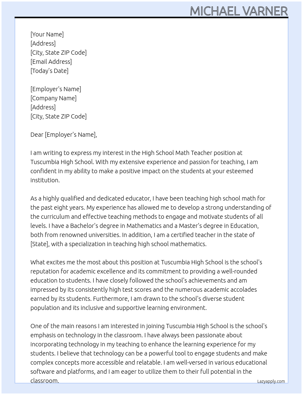 High School Math Teacher At Tuscumbia High School Cover Letter