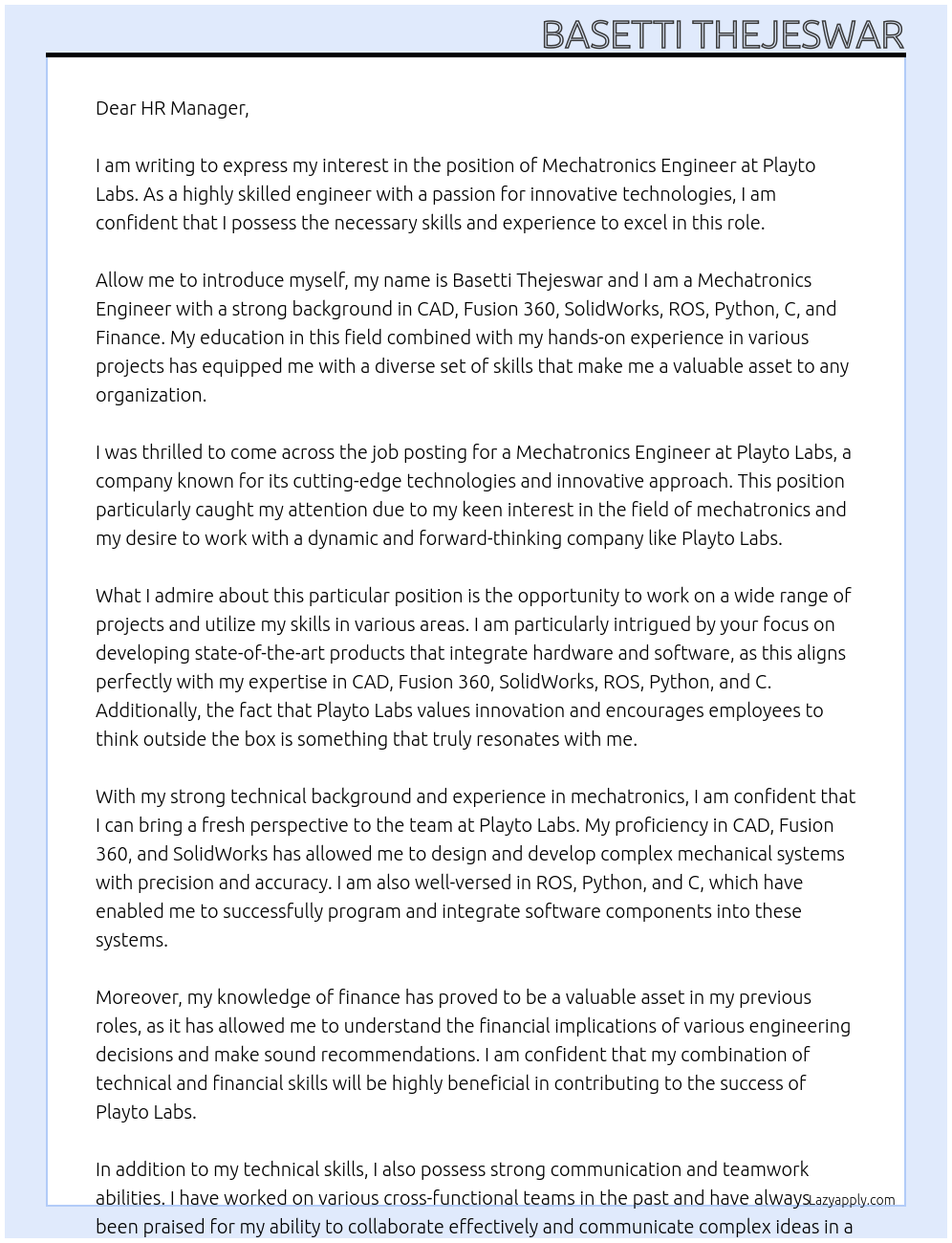 Mechatronics Engineer At Playto Labs Cover Letter