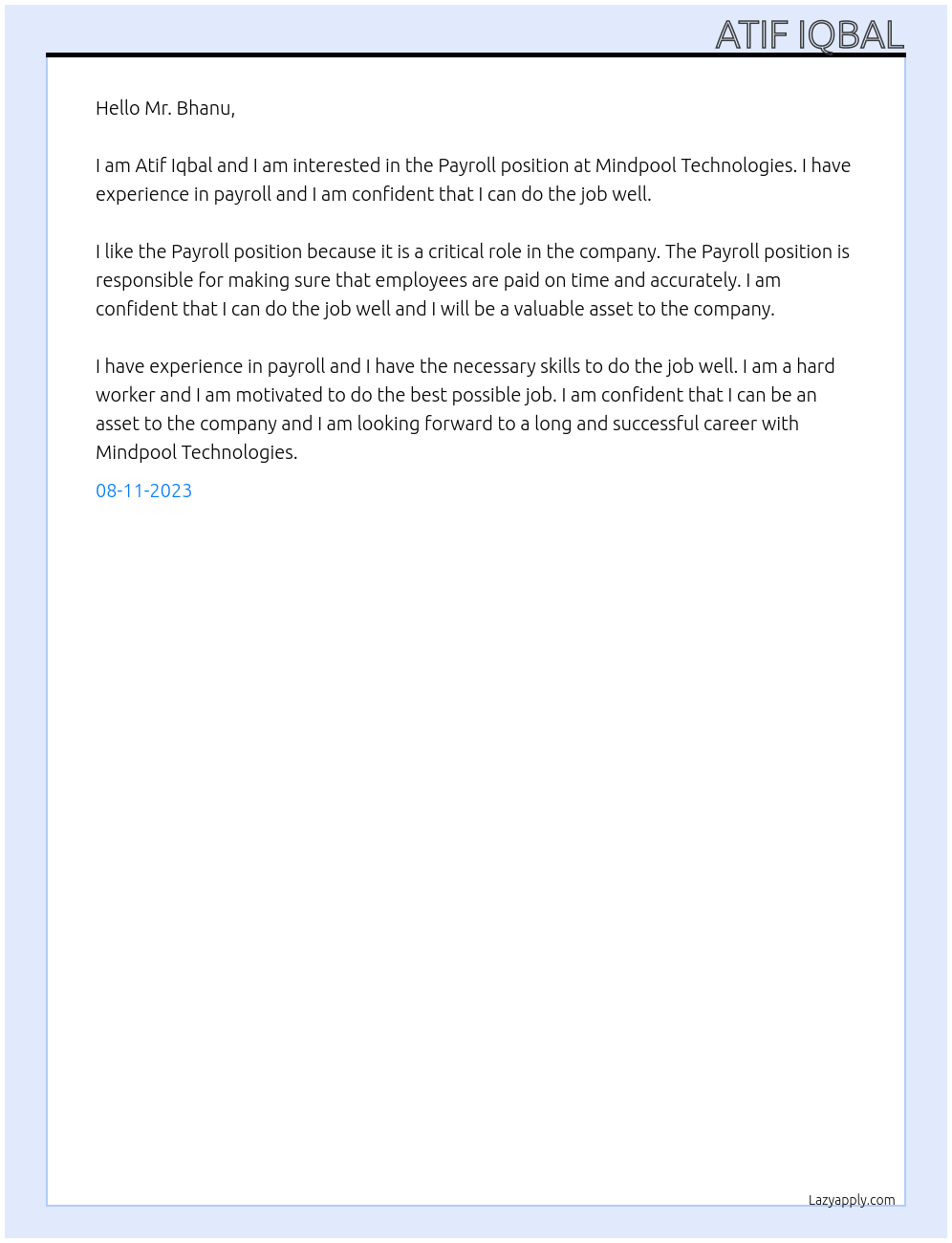 Payroll At Mindpool Technologies Cover Letter