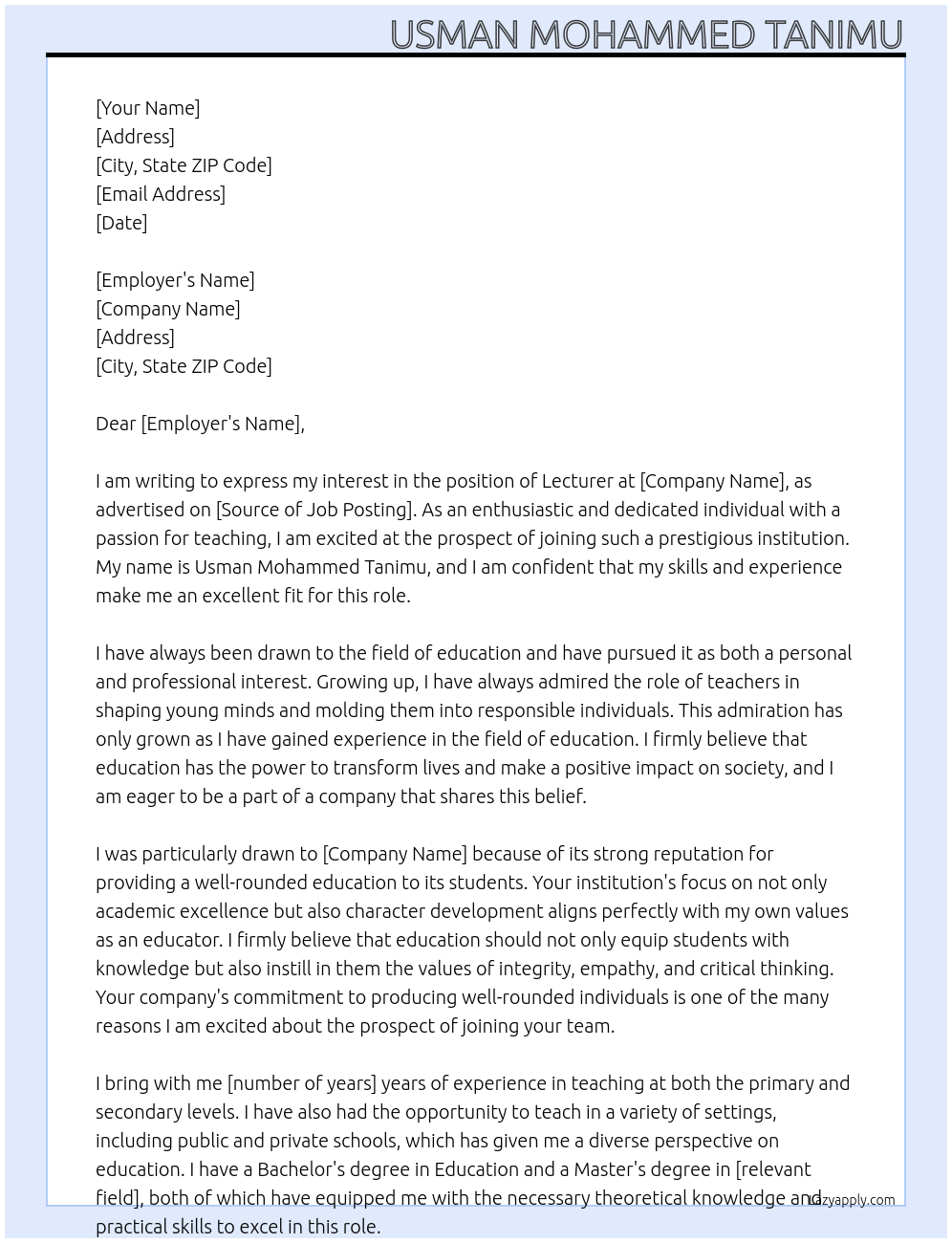 Lecturer At Institution Cover Letter