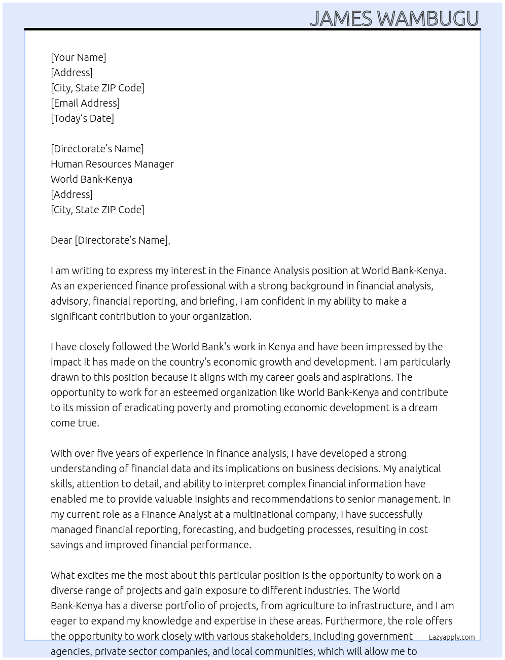 Finance  Analysis  At WORLDBANK- KeNYA Cover Letter