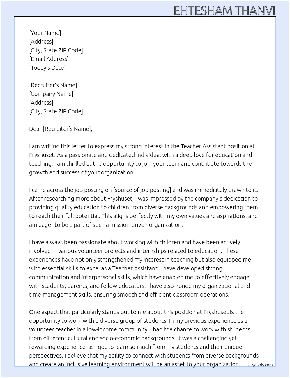 Teacher assistant At Fryshuset Cover Letter