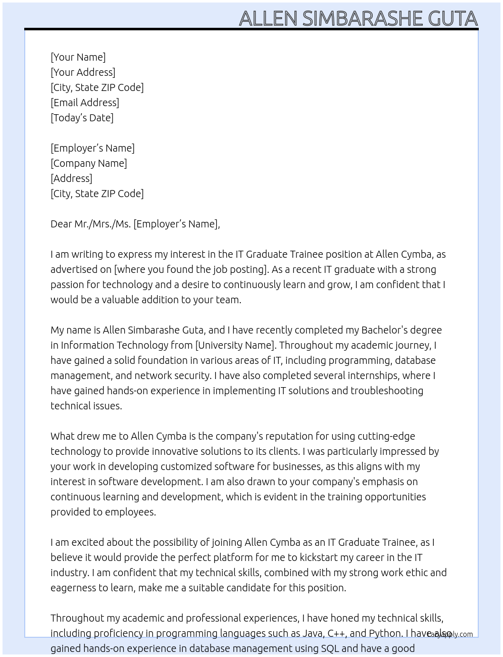 IT Graduate Trainee At Allen Cymba Cover Letter