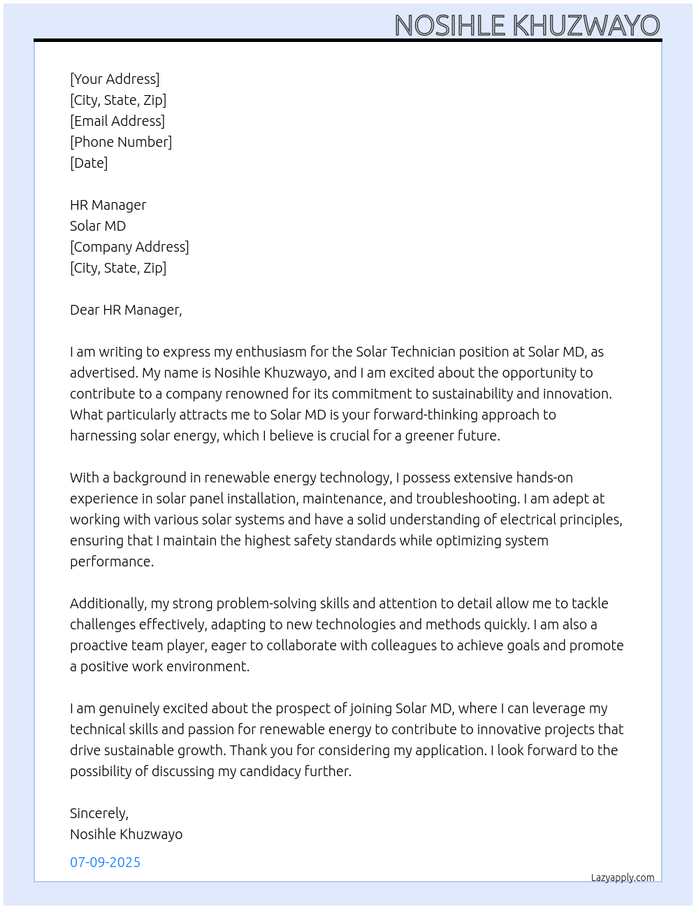 solar technician At Solar MD Cover Letter