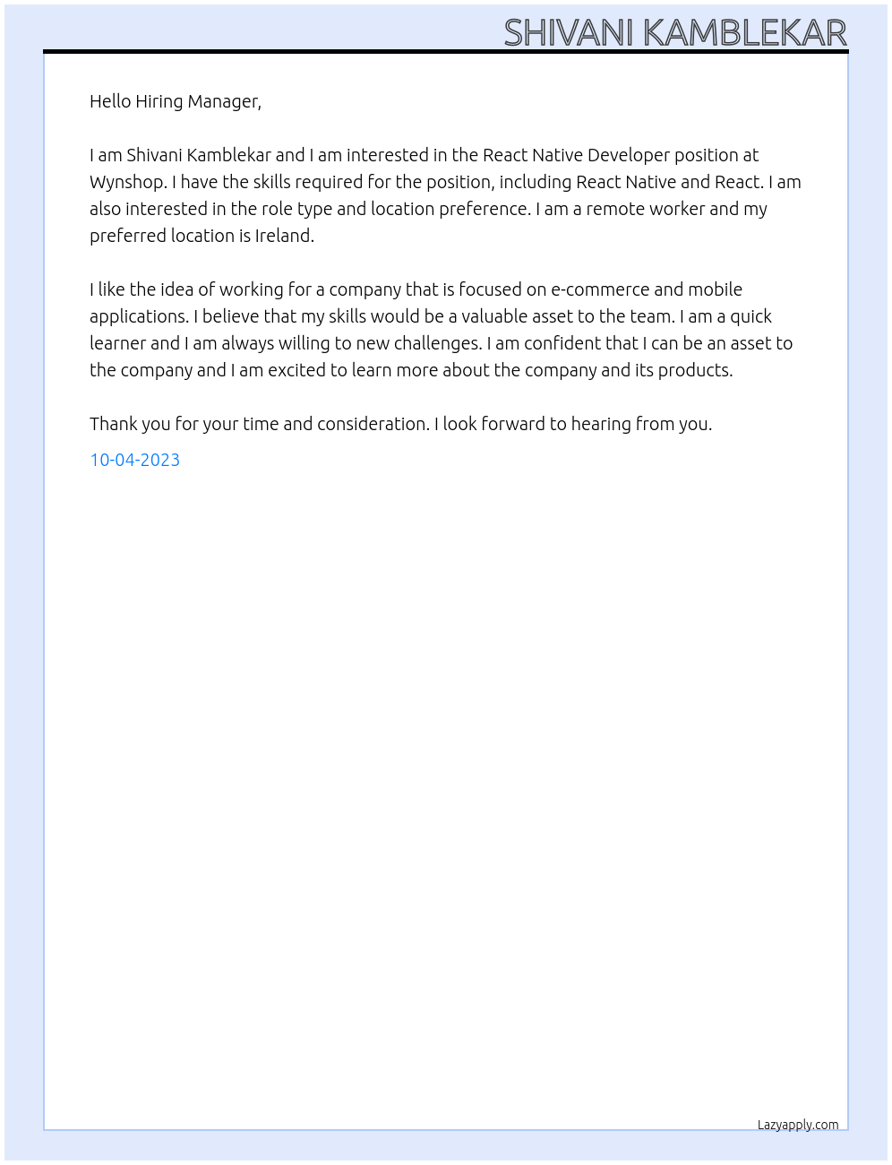 React Native Developer At Wynshop Cover Letter