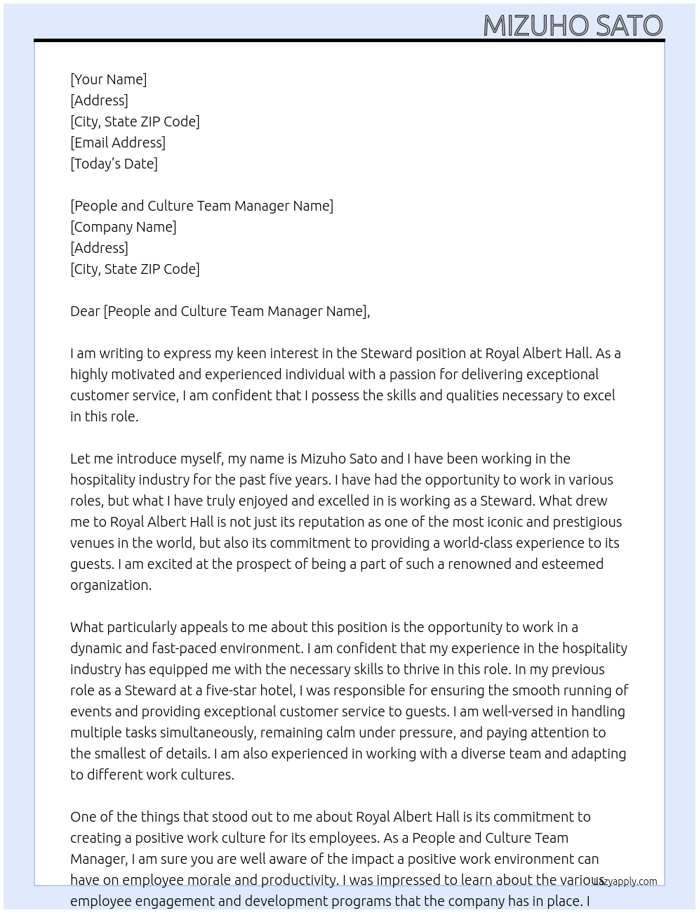 Steward At Royal Albert Hall Cover Letter